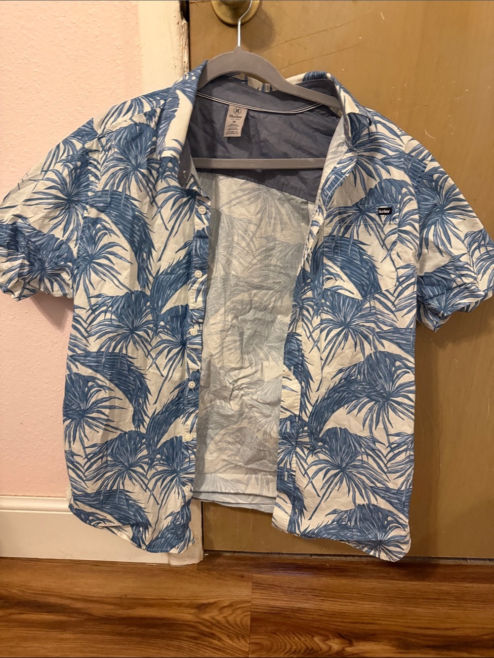 Hunter Blue and White Palm-Print Short Sleeve Button-Down Shirt